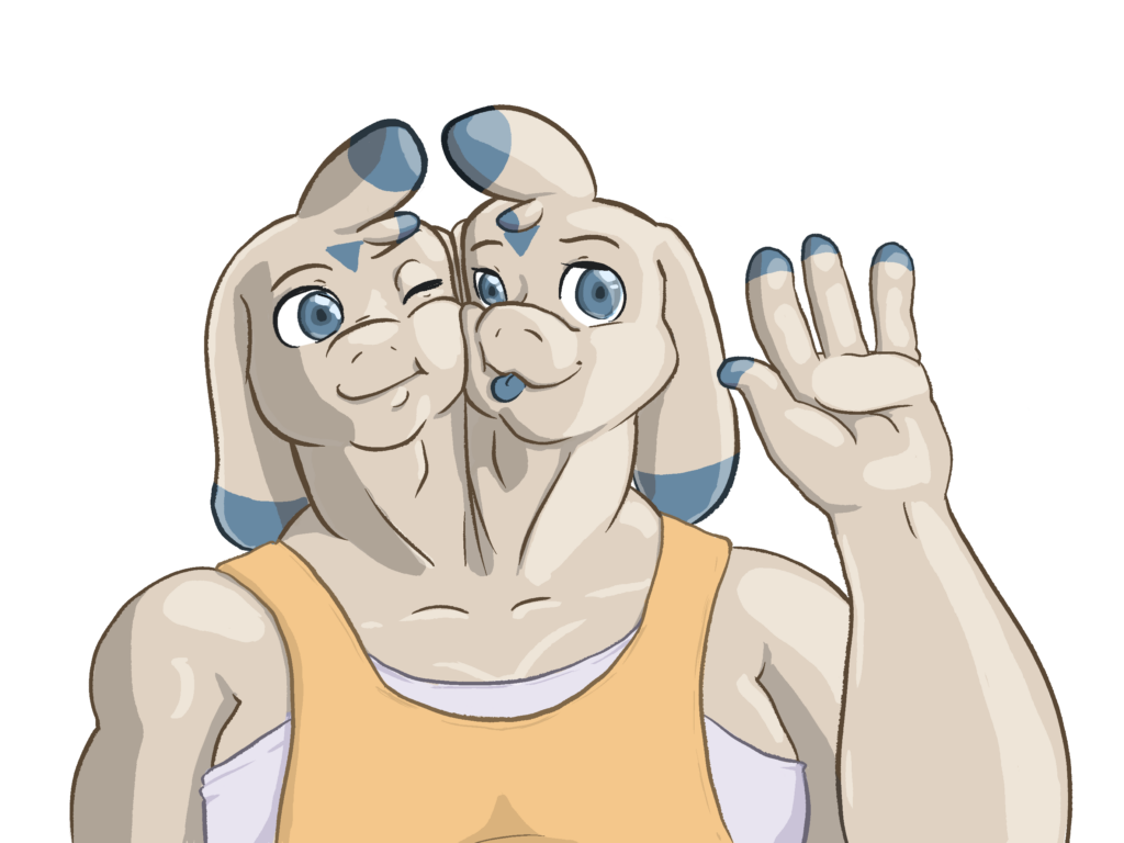 two-headed Zex fursona, cheeks rubbing together, waving hello